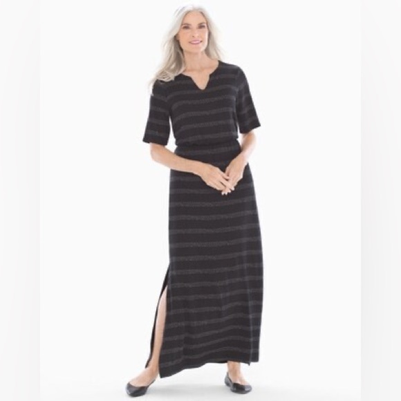 NWT Soma Soft Jersey Short Elbow Sleeve Sashiko Striped Maxi Dress Size Large - Picture 1 of 13